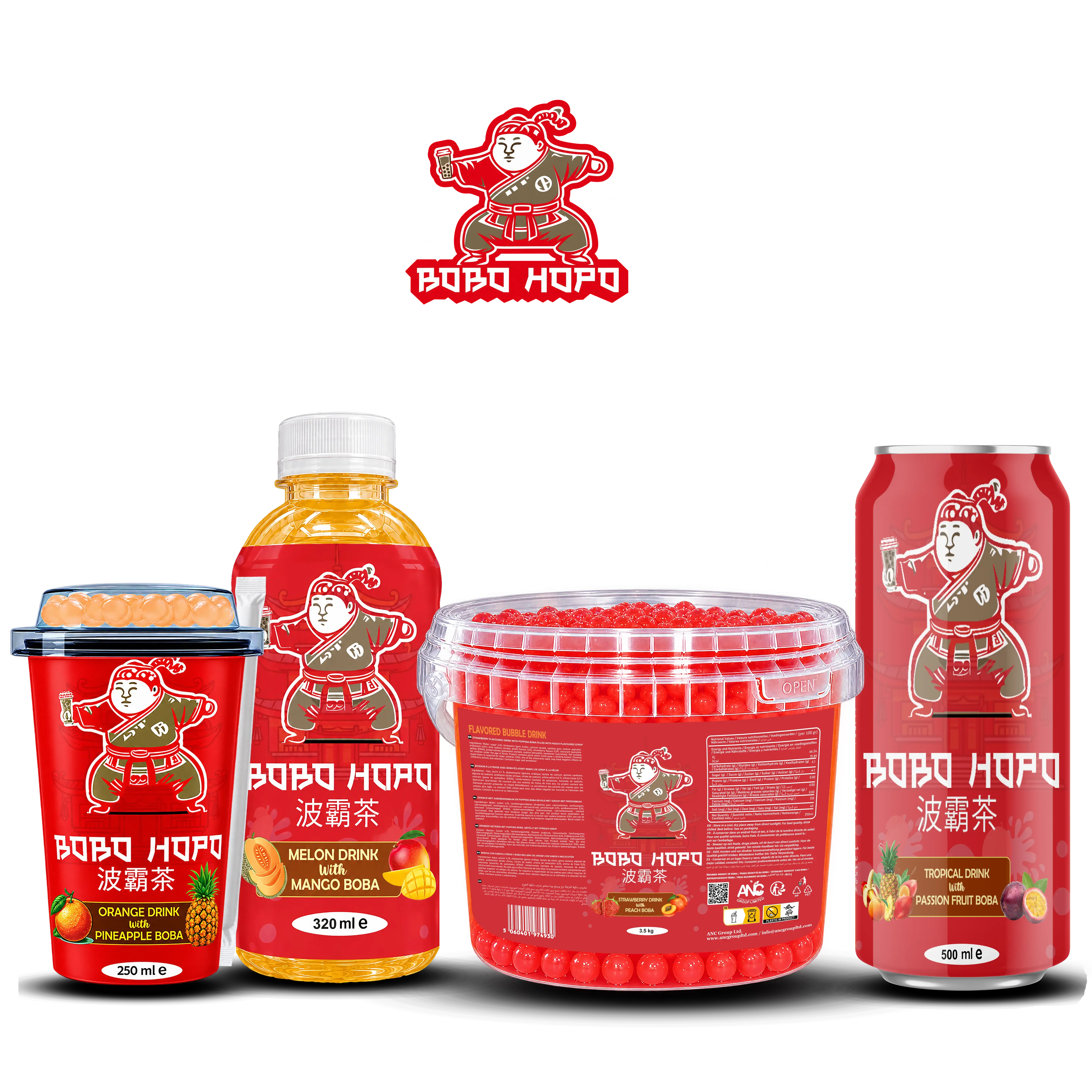 BOBO HOPO bubble tea range featuring a 250ml cup, 320ml bottle, 3.5kg popping boba tub, and 500ml can in assorted tropical fruit flavours.
